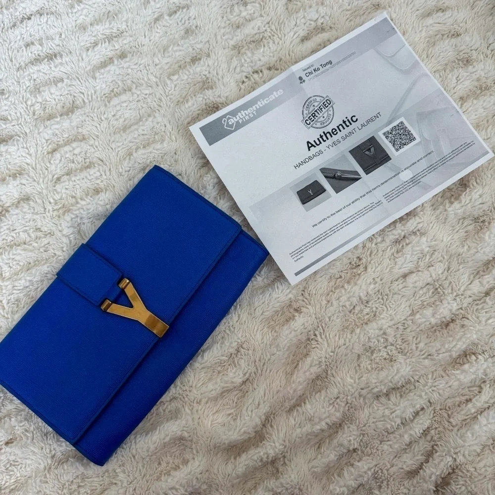 Yves Saint Laurent YSL Electric Blue Leather Y LIGNE Clutch with COA - Picture 2 of 11